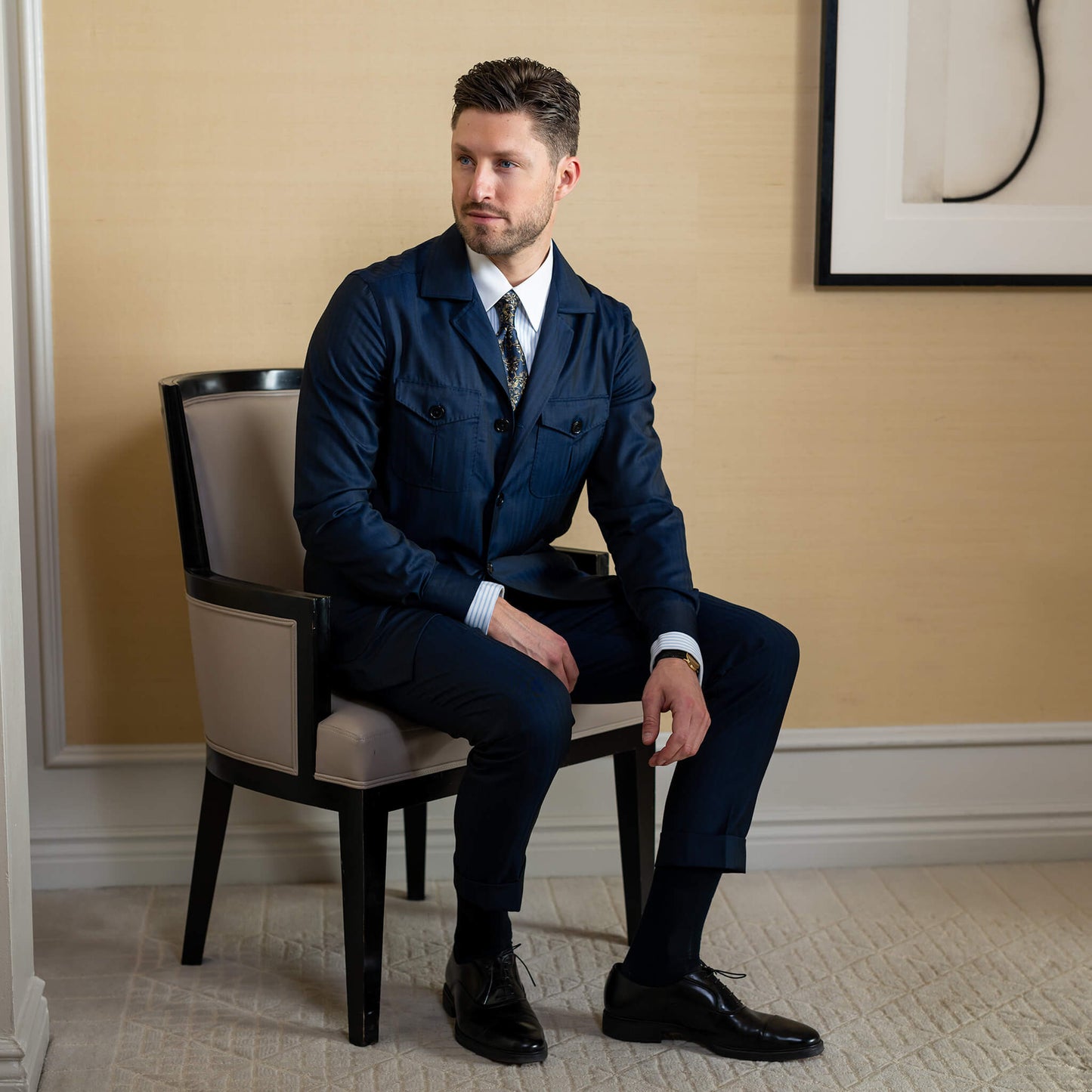 navy epicureo suit at the Peninsula hotel